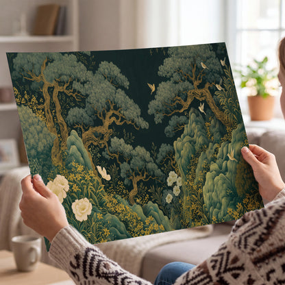 Decorative green trees, rocks, flowers and small birds single poster print held in hands