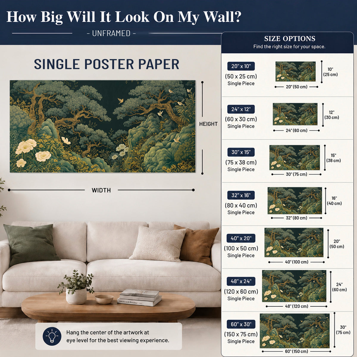Decorative green trees, rocks, flowers and small birds single poster print size guide above a sofa; room view is illustrative