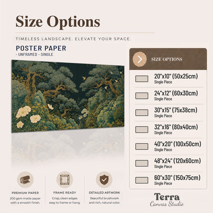 Decorative green trees, rocks, flowers and small birds single poster print available dimensions