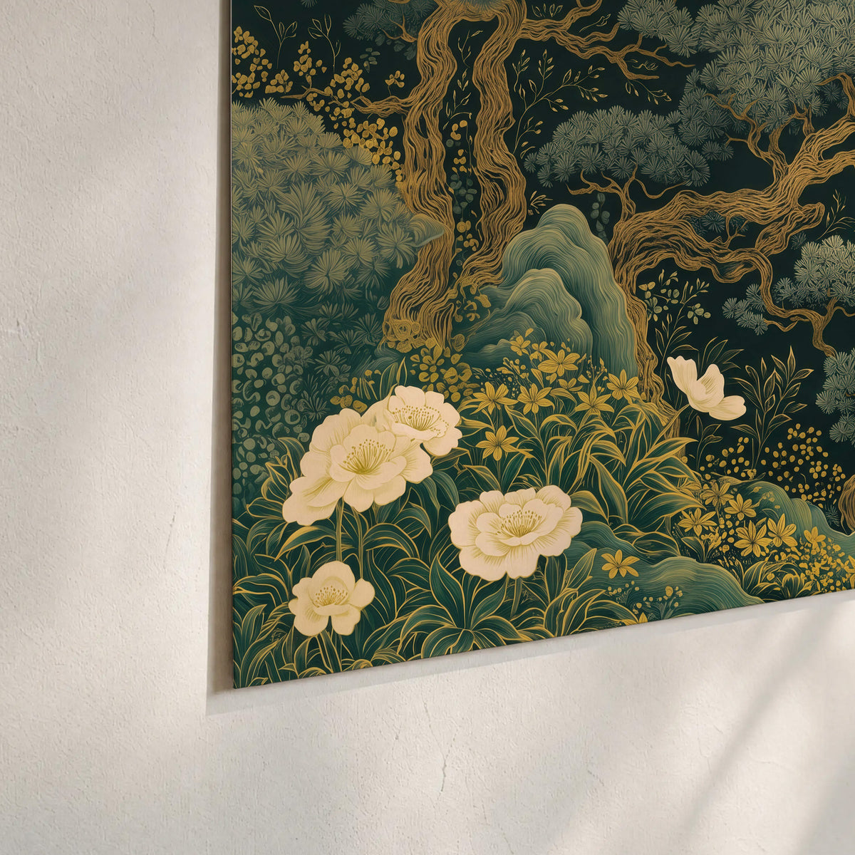 Decorative green trees, rocks, flowers and small birds set of 3 poster prints material and edge close up