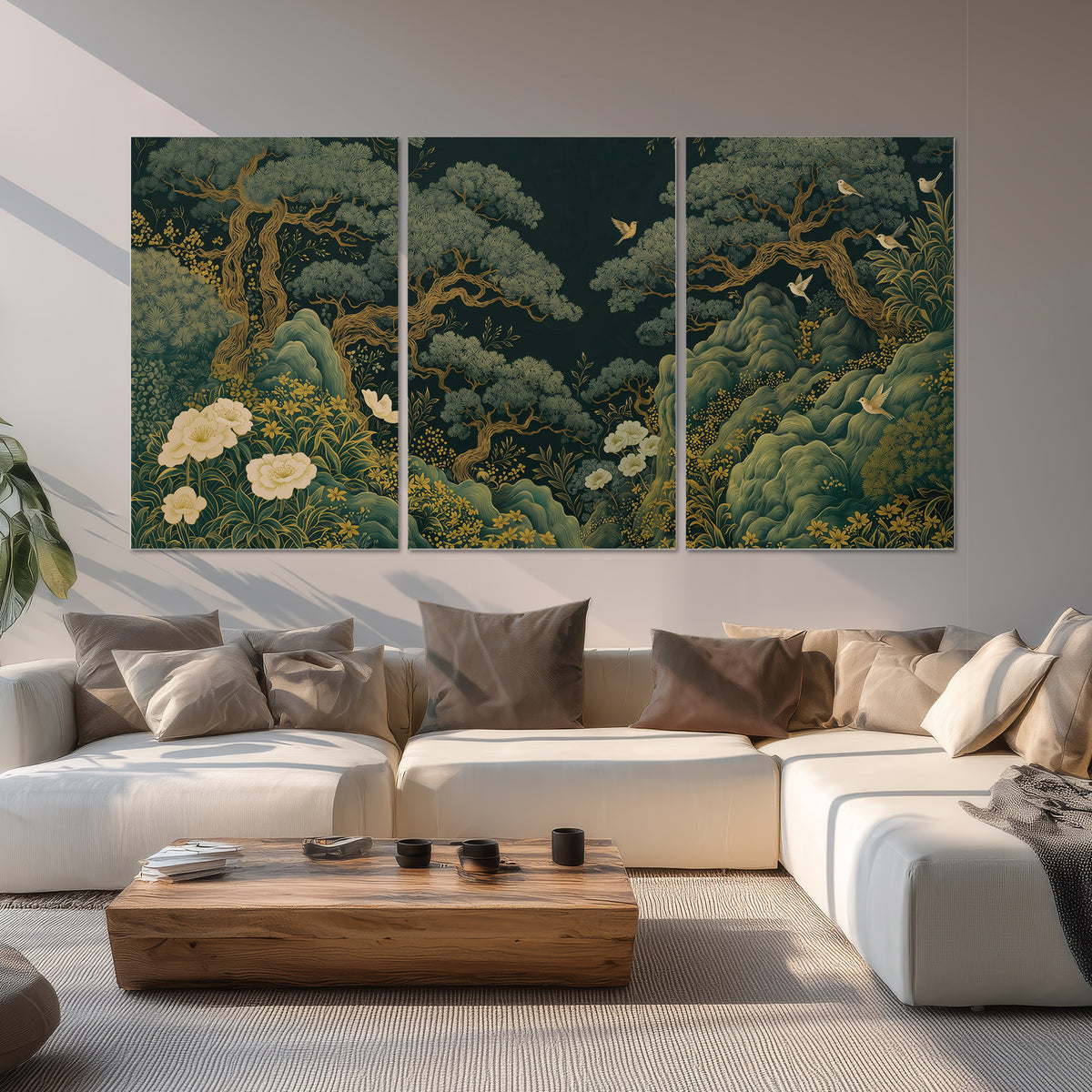 Decorative green trees, rocks, flowers and small birds set of 3 poster prints displayed in a living room