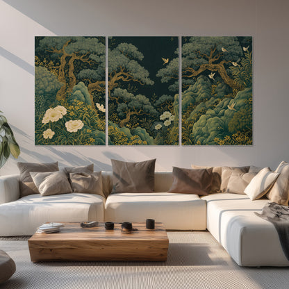 Decorative green trees, rocks, flowers and small birds set of 3 poster prints displayed in a living room