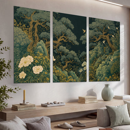 Decorative green trees, rocks, flowers and small birds set of 3 poster prints displayed in a console