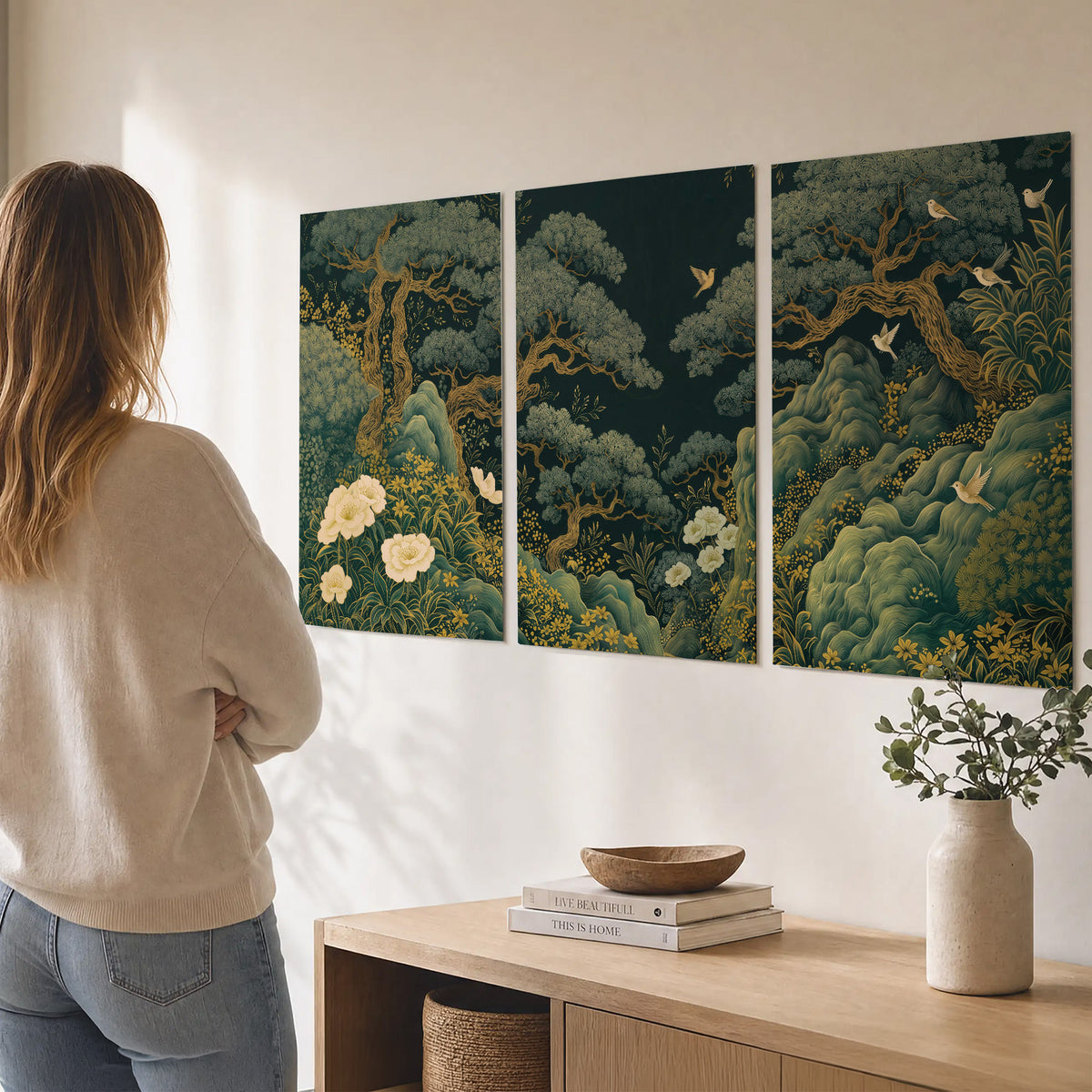 Decorative green trees, rocks, flowers and small birds set of 3 poster prints three panel arrangement on a wall