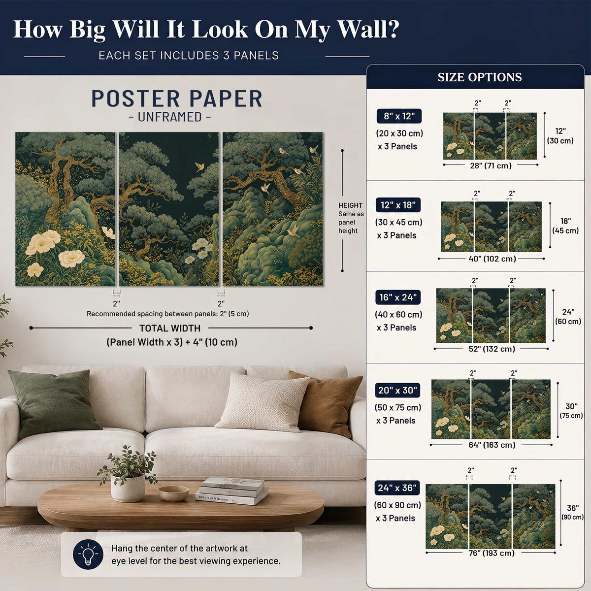 Decorative green trees, rocks, flowers and small birds set of 3 poster prints size guide above a sofa; room view is illustrative