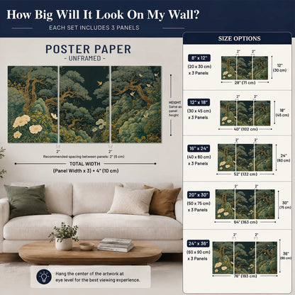 Decorative green trees, rocks, flowers and small birds set of 3 poster prints size guide above a sofa; room view is illustrative