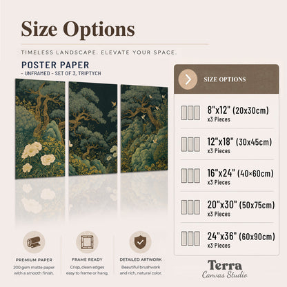 Decorative green trees, rocks, flowers and small birds set of 3 poster prints available dimensions; triptych dimensions are per panel