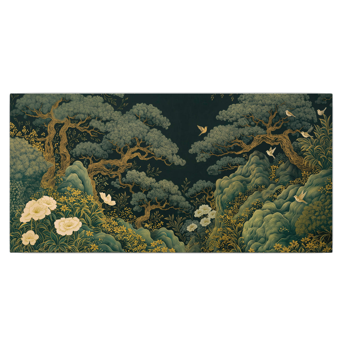 Decorative green trees, rocks, flowers and small birds single canvas wall art viewed straight on