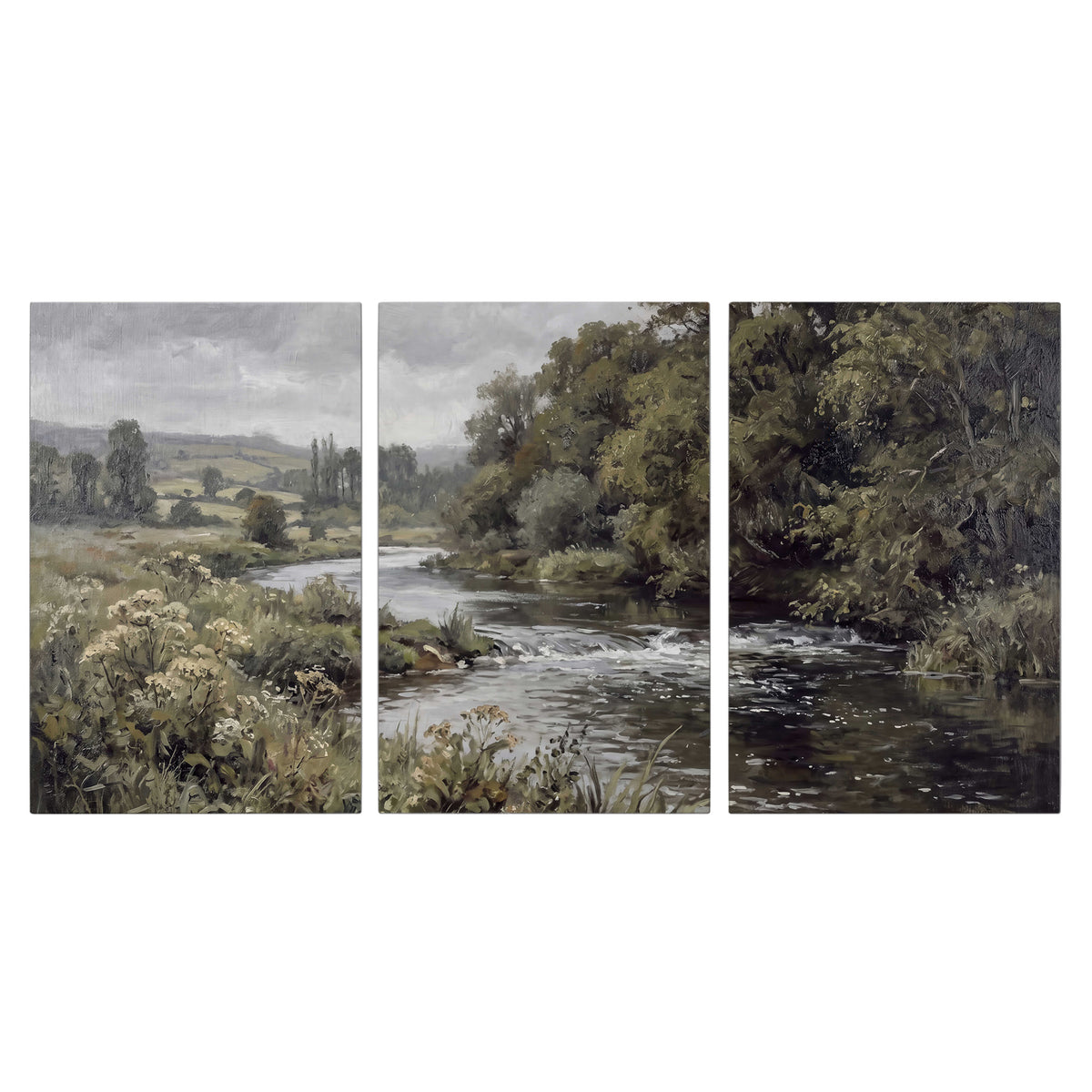 A gently flowing river bordered by olive-green trees and flowers 3 piece canvas wall art viewed straight on