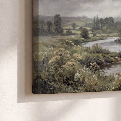 A gently flowing river bordered by olive-green trees and flowers 3 piece canvas wall art material and edge close up