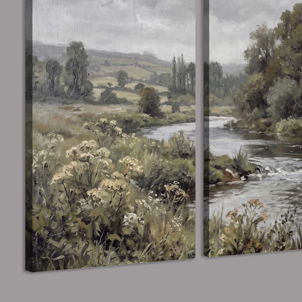A gently flowing river bordered by olive-green trees and flowers 3 piece canvas wall art room and product view