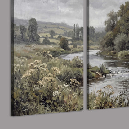 A gently flowing river bordered by olive-green trees and flowers 3 piece canvas wall art room and product view