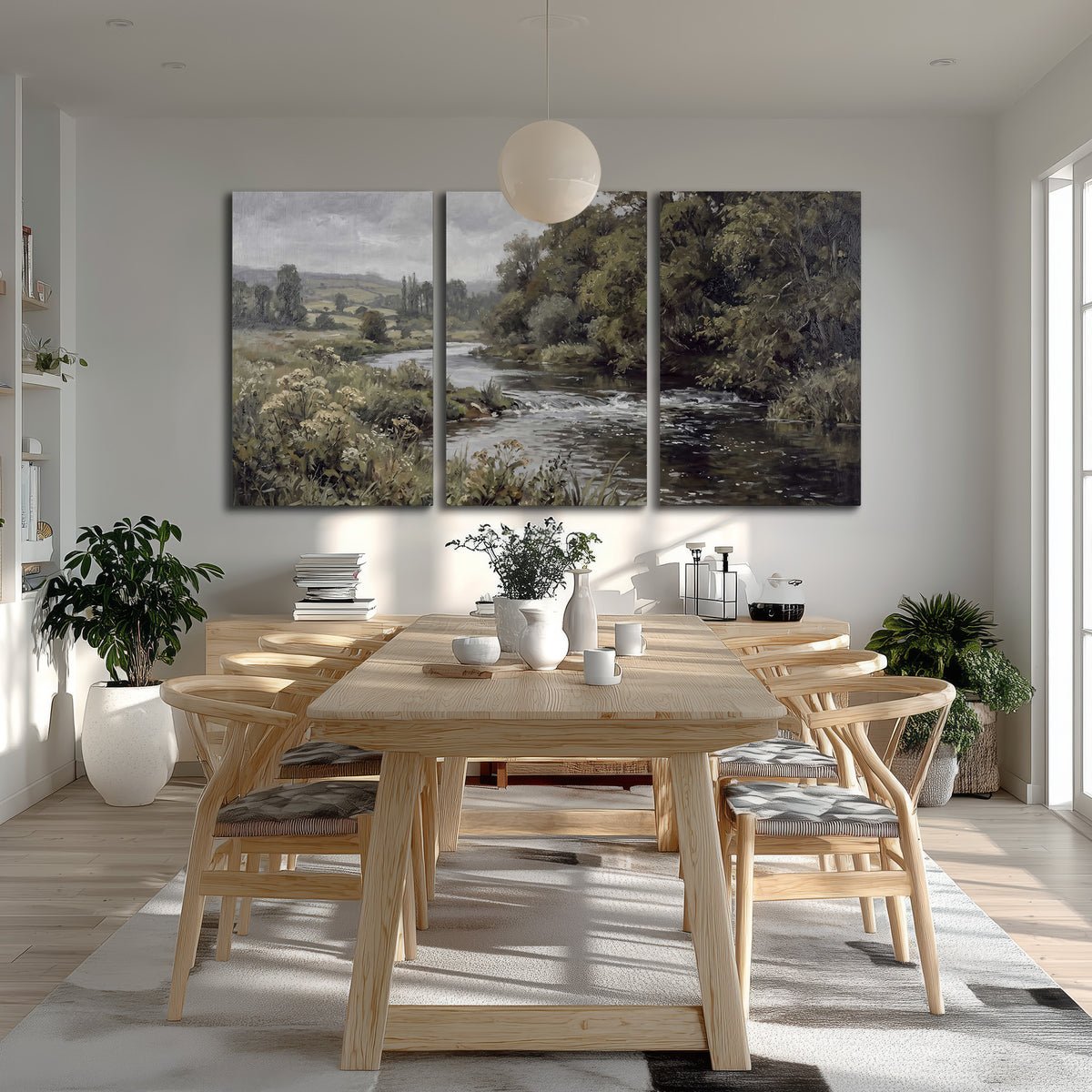 A gently flowing river bordered by olive-green trees and flowers 3 piece canvas wall art room and product view