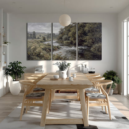 A gently flowing river bordered by olive-green trees and flowers 3 piece canvas wall art room and product view