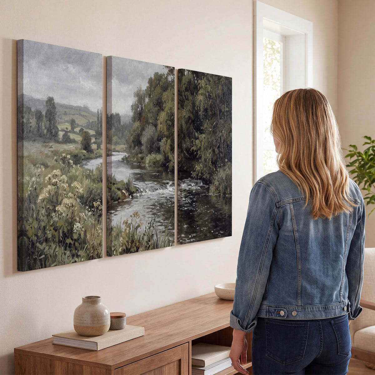A gently flowing river bordered by olive-green trees and flowers 3 piece canvas wall art three panel arrangement on a wall