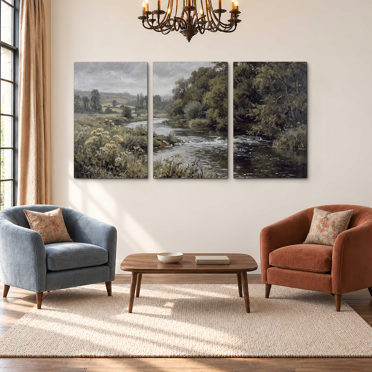 A gently flowing river bordered by olive-green trees and flowers 3 piece canvas wall art styled in an interior