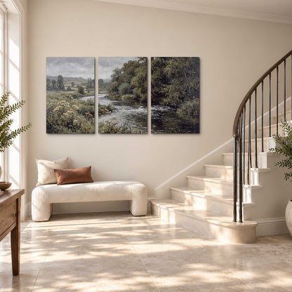 A gently flowing river bordered by olive-green trees and flowers 3 piece canvas wall art styled in an interior