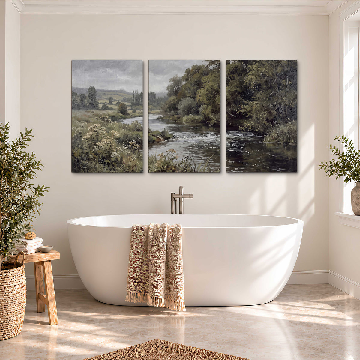 A gently flowing river bordered by olive-green trees and flowers 3 piece canvas wall art styled in an interior