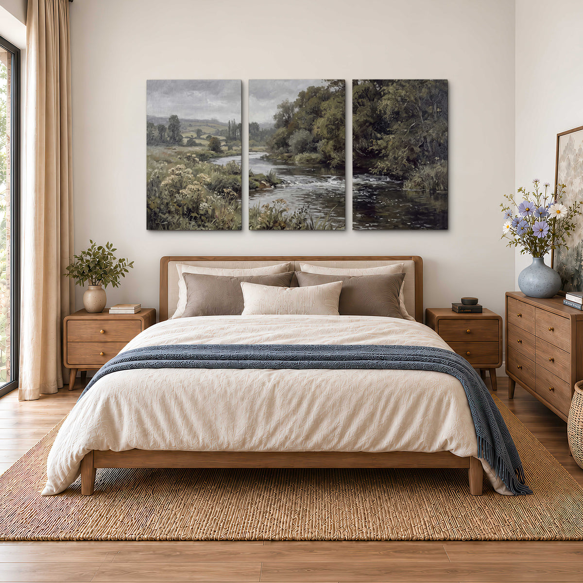 A gently flowing river bordered by olive-green trees and flowers 3 piece canvas wall art styled in an interior
