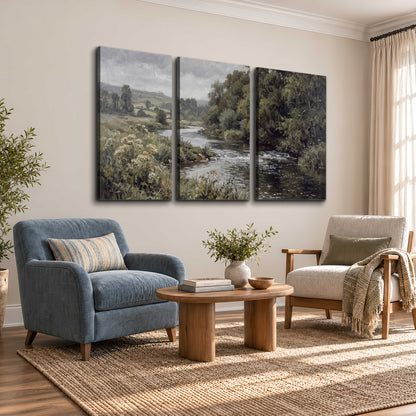 A gently flowing river bordered by olive-green trees and flowers 3 piece canvas wall art styled in an interior