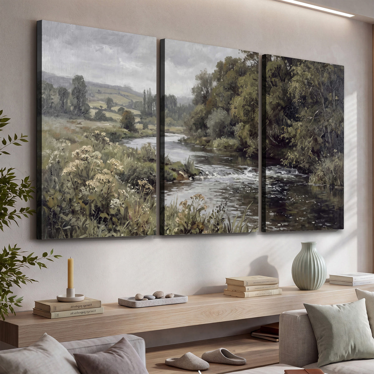 A gently flowing river bordered by olive-green trees and flowers 3 piece canvas wall art displayed in a console