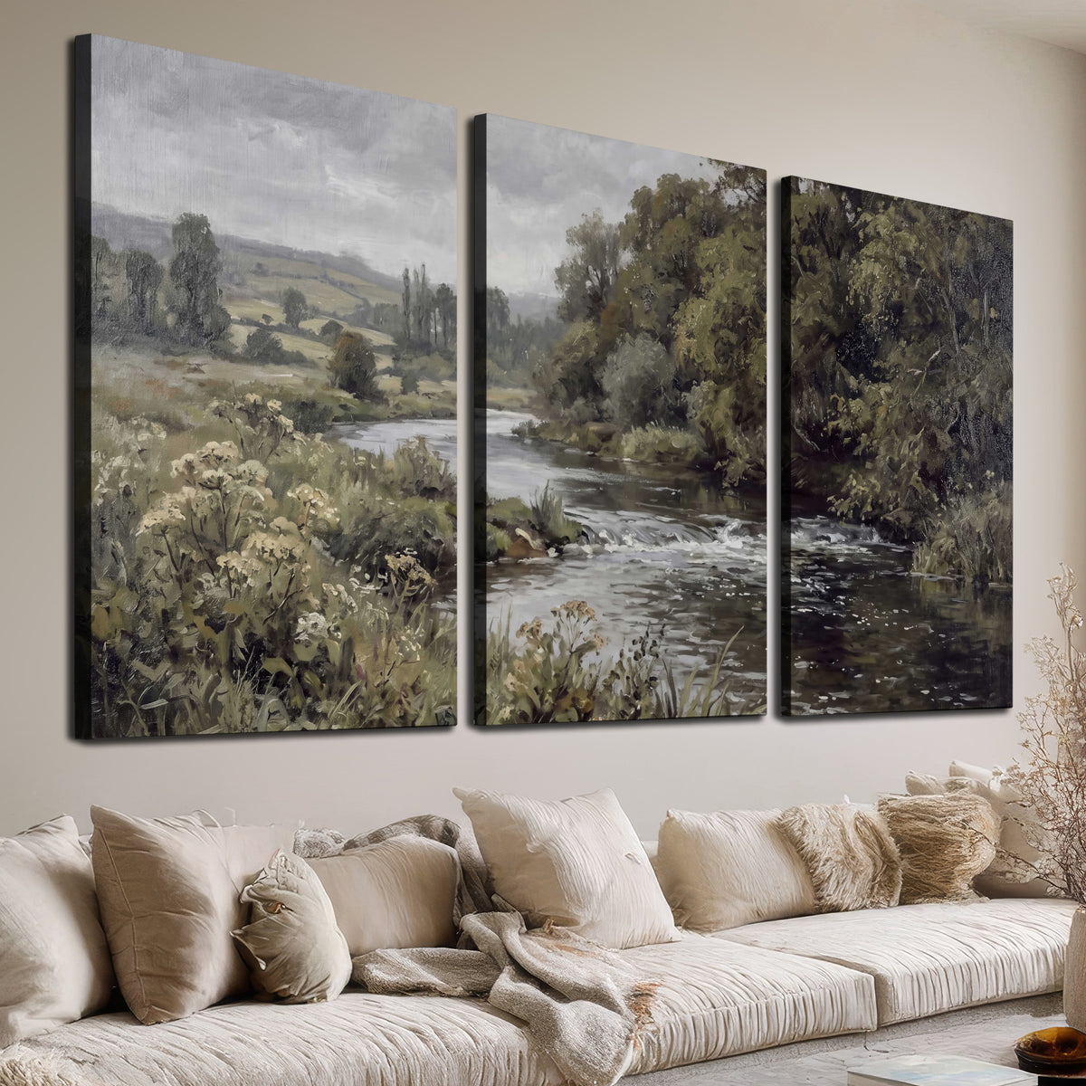 A gently flowing river bordered by olive-green trees and flowers 3 piece canvas wall art room and product view