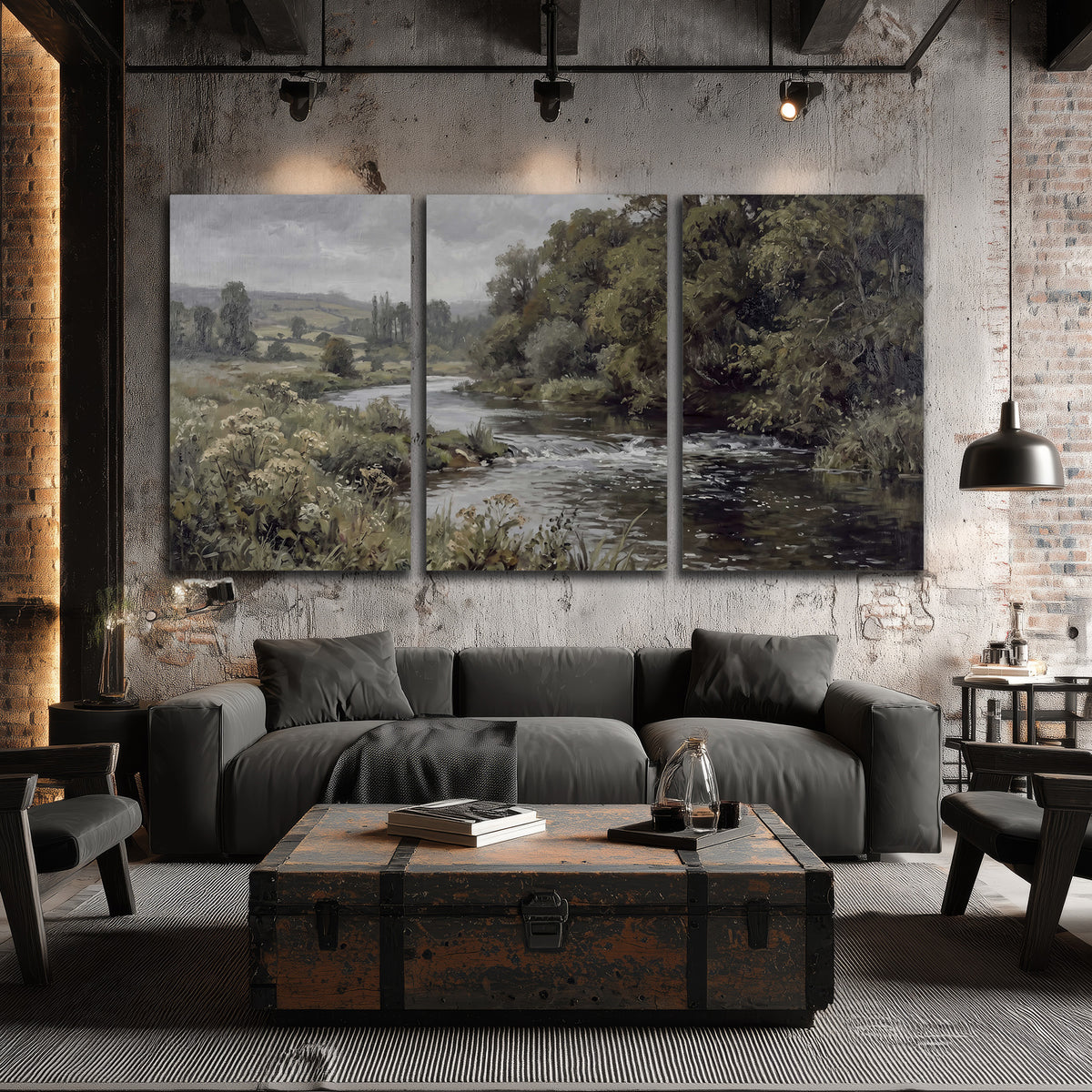 A gently flowing river bordered by olive-green trees and flowers 3 piece canvas wall art displayed in a industrial room