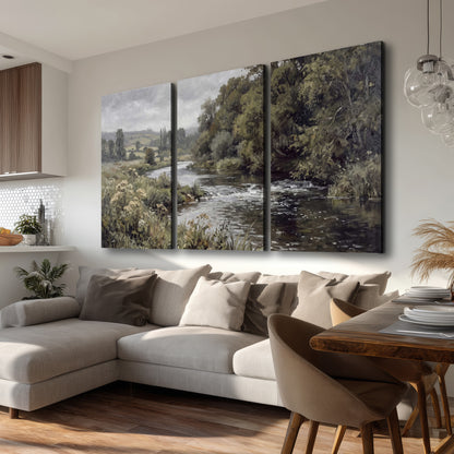 A gently flowing river bordered by olive-green trees and flowers 3 piece canvas wall art room and product view