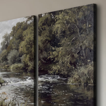 A gently flowing river bordered by olive-green trees and flowers 3 piece canvas wall art room and product view