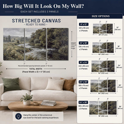 A gently flowing river bordered by olive-green trees and flowers 3 piece canvas wall art size guide above a sofa; room view is illustrative
