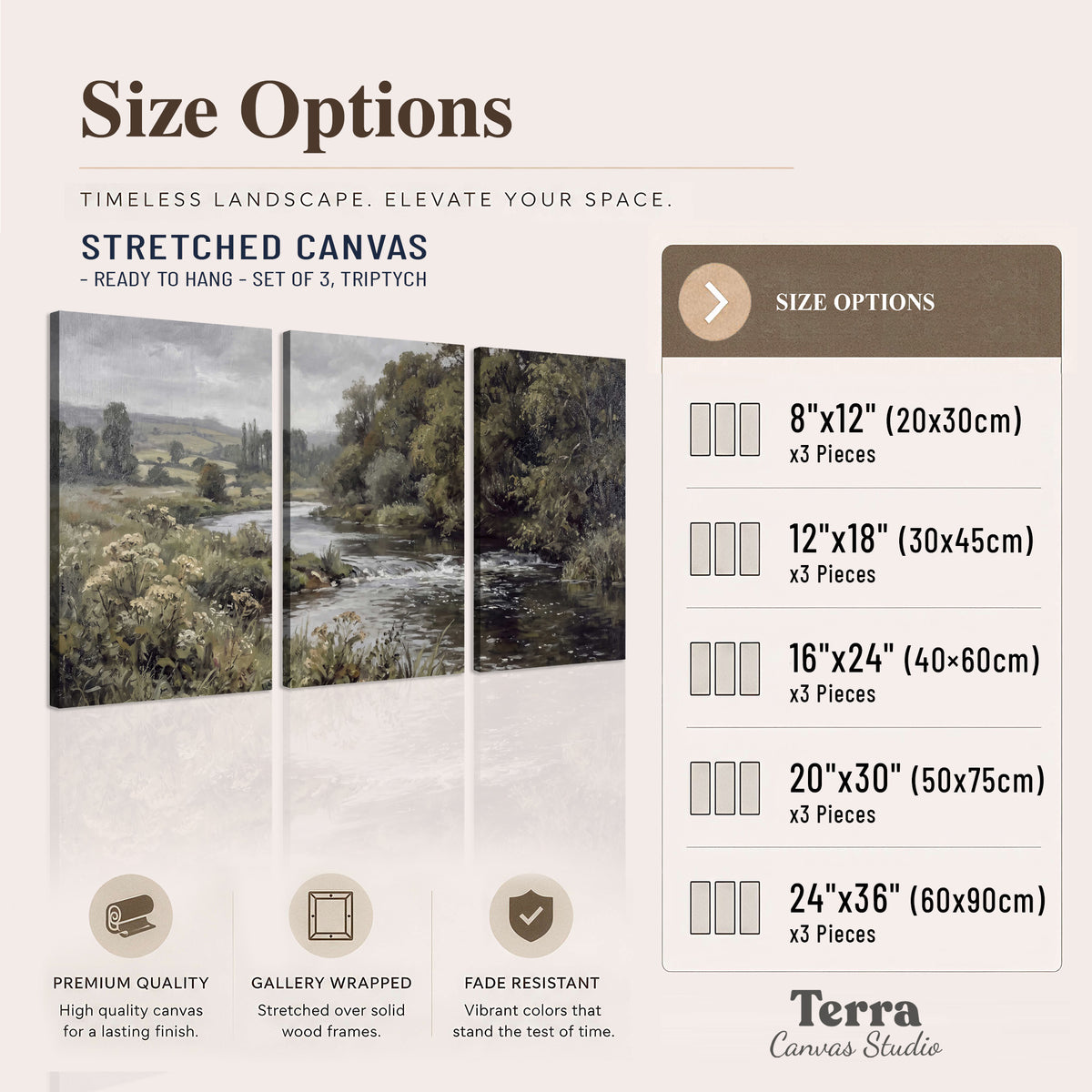 A gently flowing river bordered by olive-green trees and flowers 3 piece canvas wall art available dimensions; triptych dimensions are per panel
