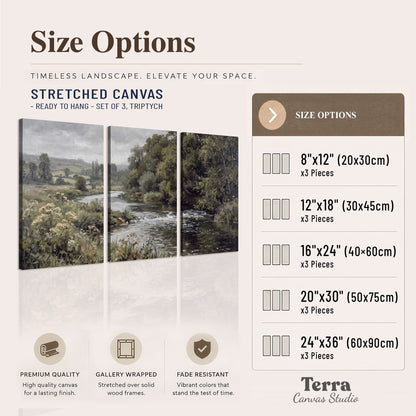 A gently flowing river bordered by olive-green trees and flowers 3 piece canvas wall art available dimensions; triptych dimensions are per panel