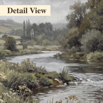A gently flowing river bordered by olive-green trees and flowers 3 piece canvas wall art artwork detail close up