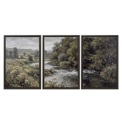 A gently flowing river bordered by olive-green trees and flowers 3 piece framed canvas wall art viewed straight on