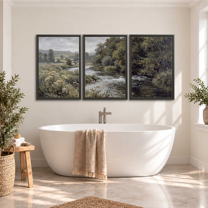 A gently flowing river bordered by olive-green trees and flowers 3 piece framed canvas wall art styled in an interior