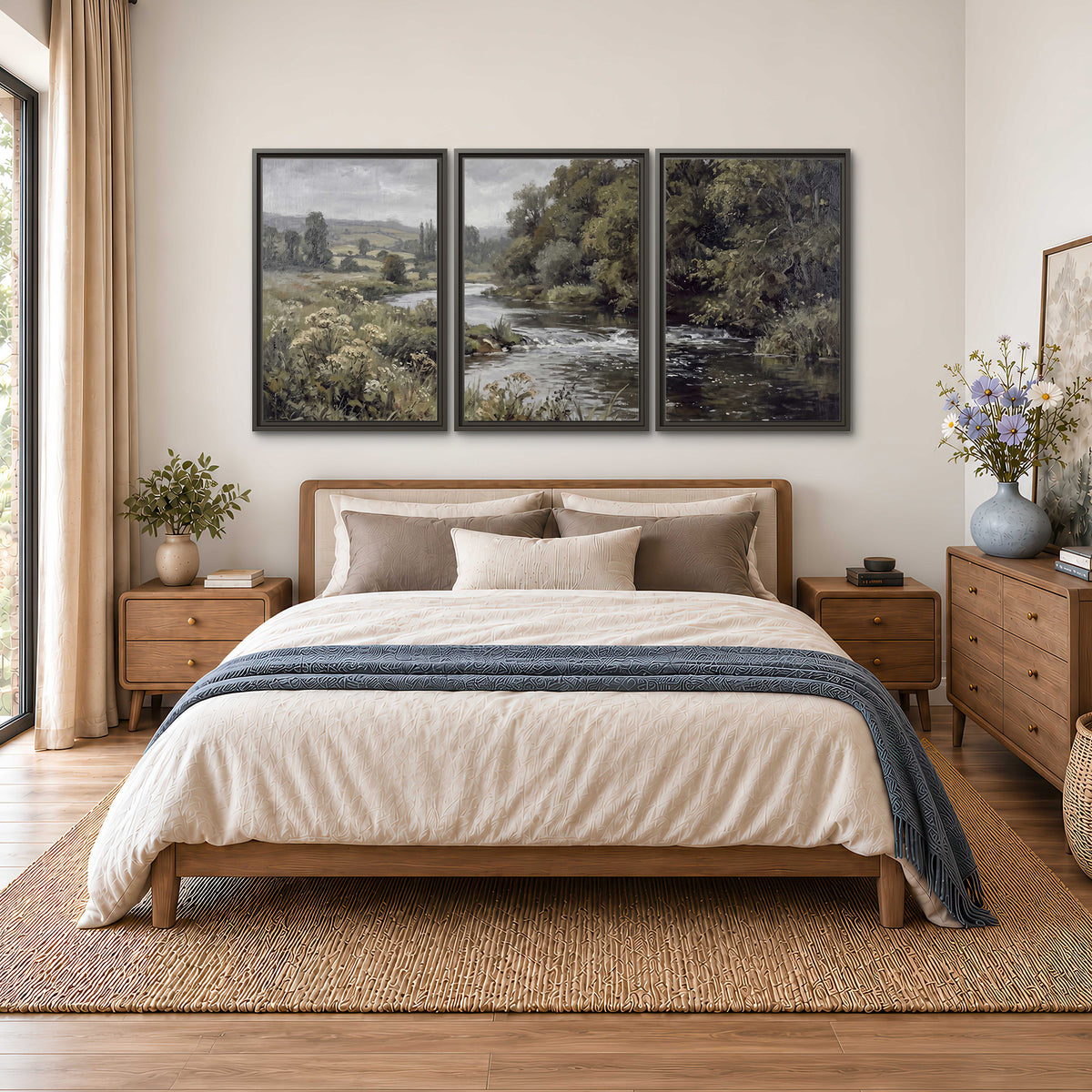 A gently flowing river bordered by olive-green trees and flowers 3 piece framed canvas wall art styled in an interior