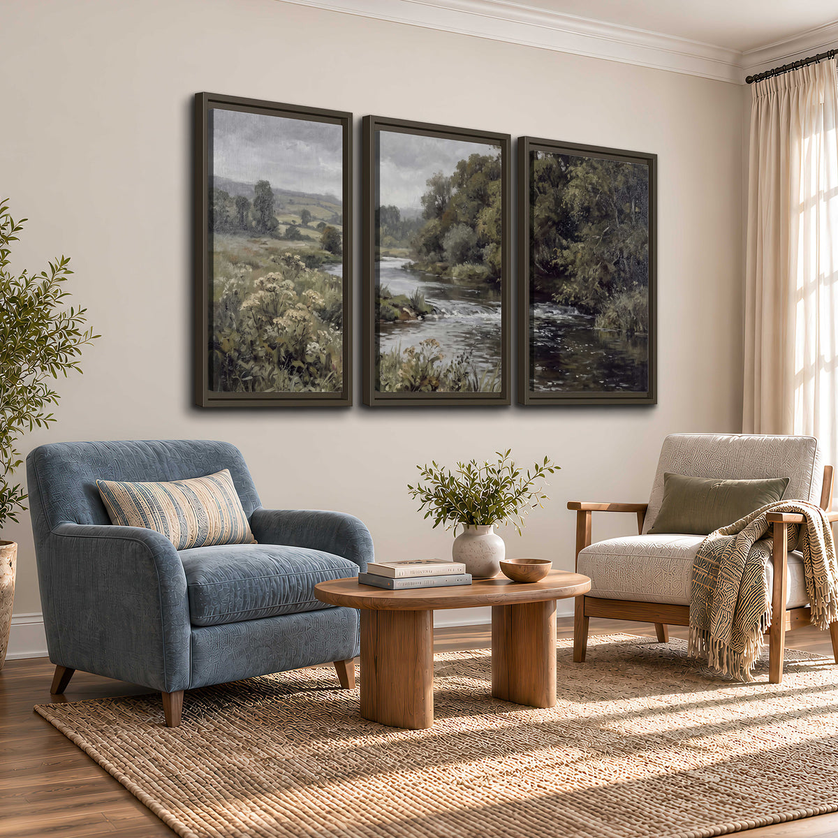A gently flowing river bordered by olive-green trees and flowers 3 piece framed canvas wall art styled in an interior