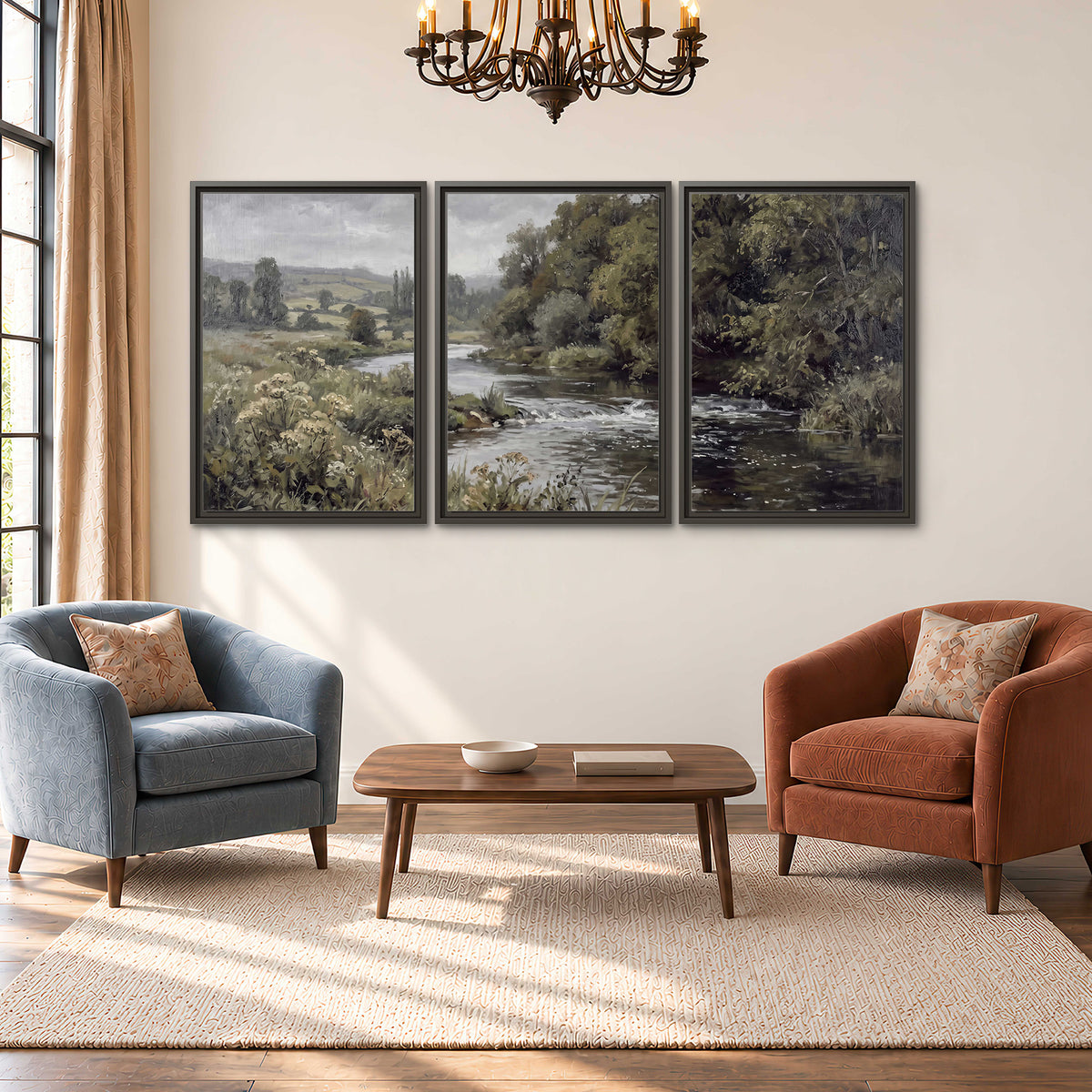 A gently flowing river bordered by olive-green trees and flowers 3 piece framed canvas wall art styled in an interior