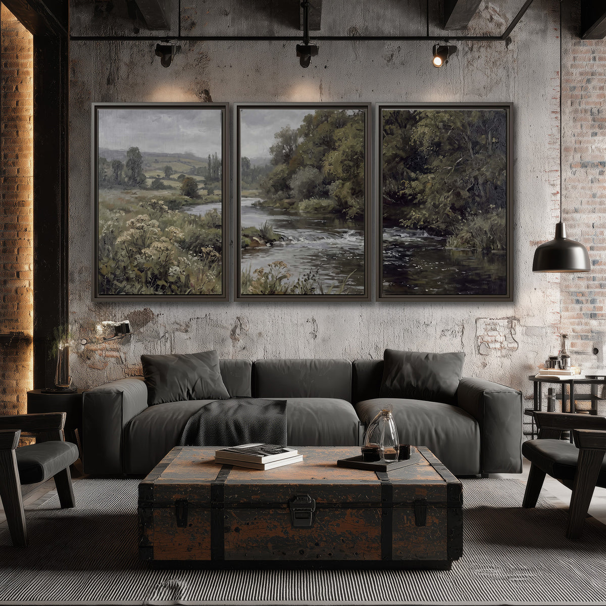 A gently flowing river bordered by olive-green trees and flowers 3 piece framed canvas wall art displayed in a industrial room
