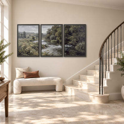 A gently flowing river bordered by olive-green trees and flowers 3 piece framed canvas wall art styled in an interior