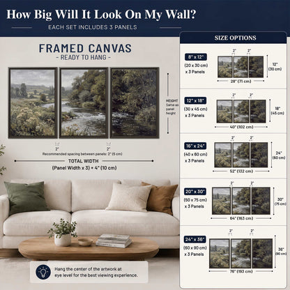 A gently flowing river bordered by olive-green trees and flowers 3 piece framed canvas wall art size guide above a sofa; room view is illustrative