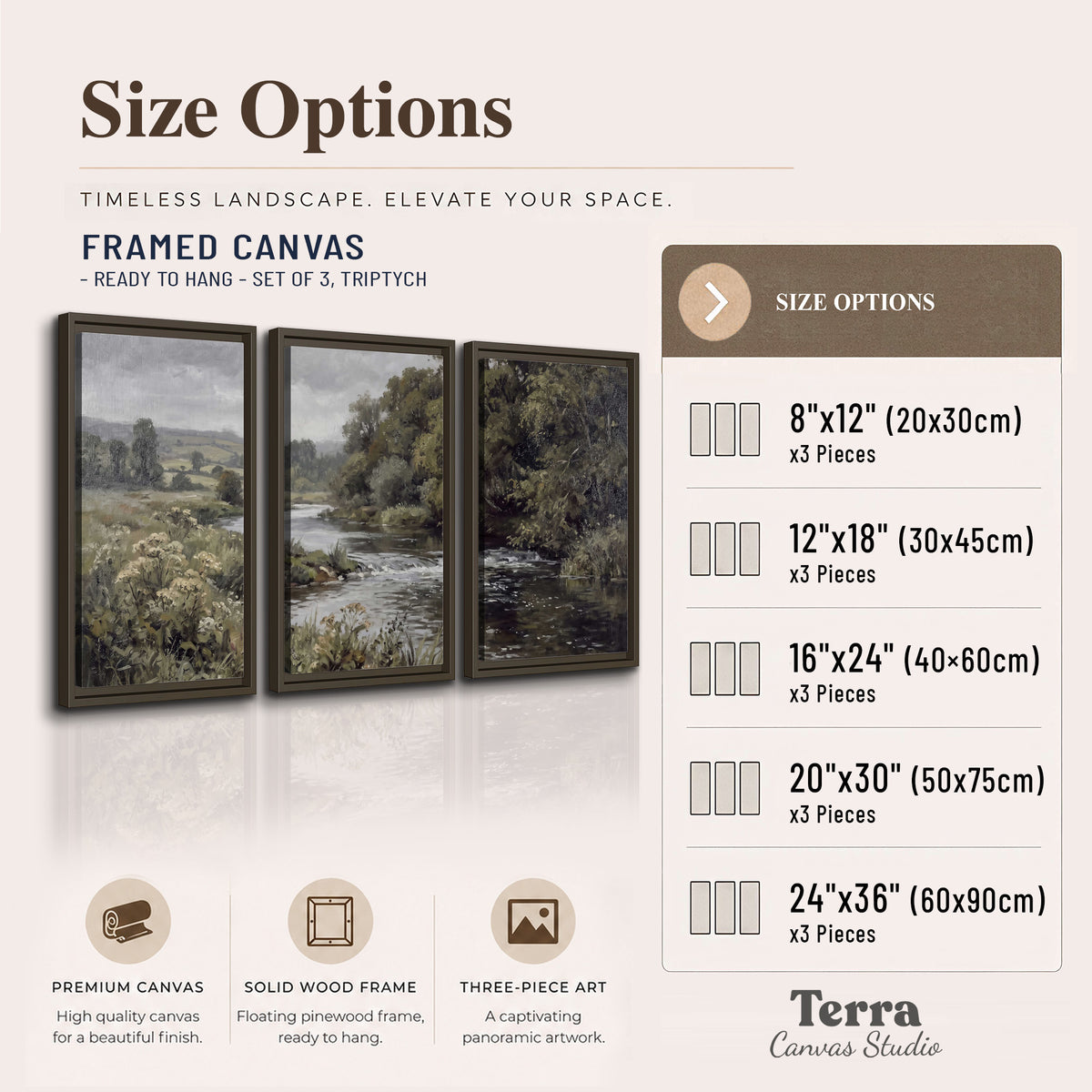 A gently flowing river bordered by olive-green trees and flowers 3 piece framed canvas wall art available dimensions; triptych dimensions are per panel