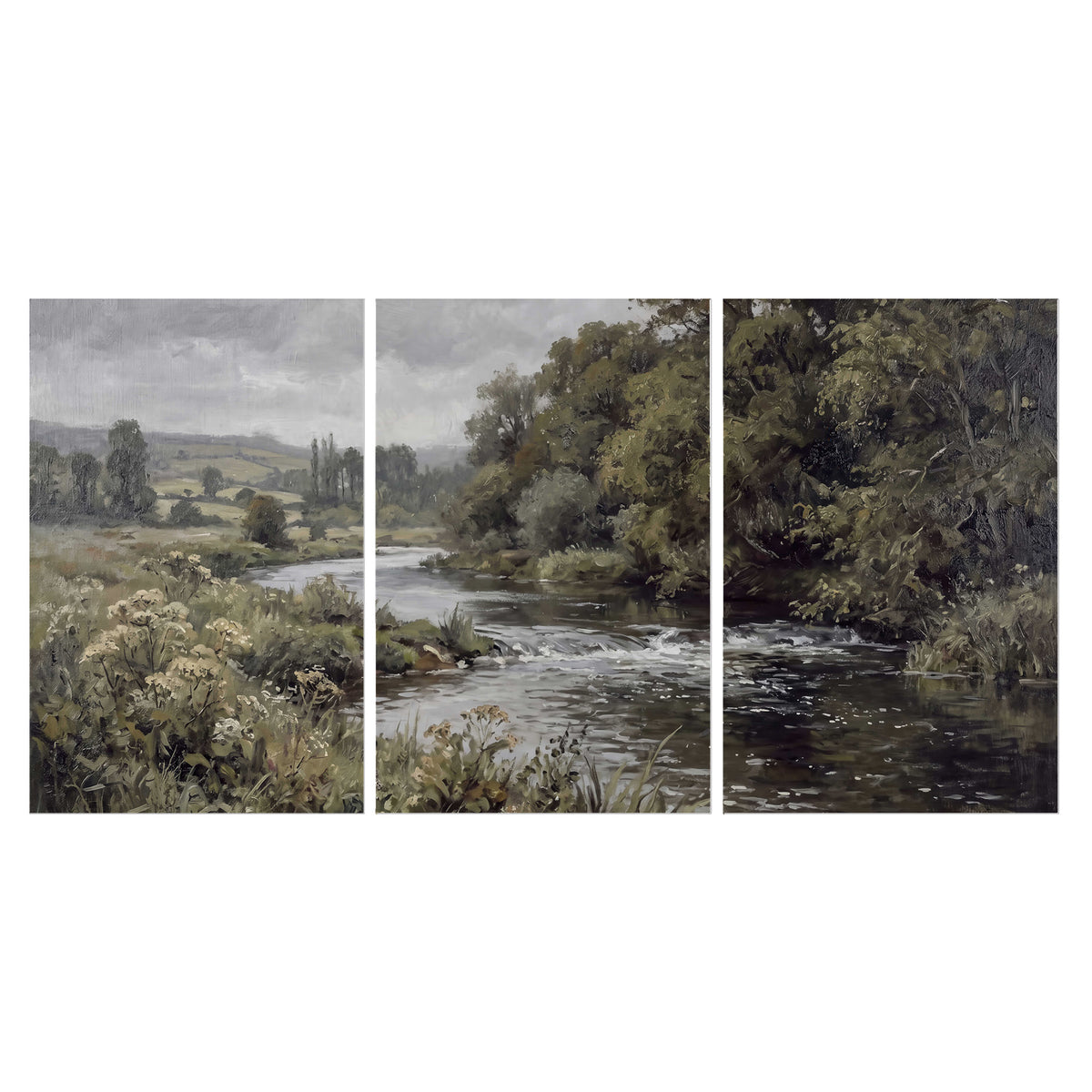 A gently flowing river bordered by olive-green trees and flowers set of 3 poster prints viewed straight on