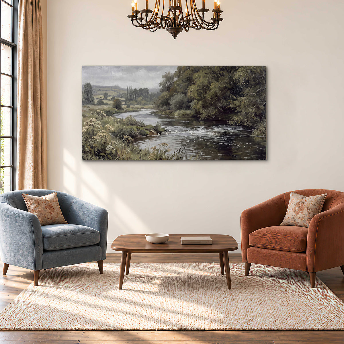 A gently flowing river bordered by olive-green trees and flowers single canvas wall art styled in an interior