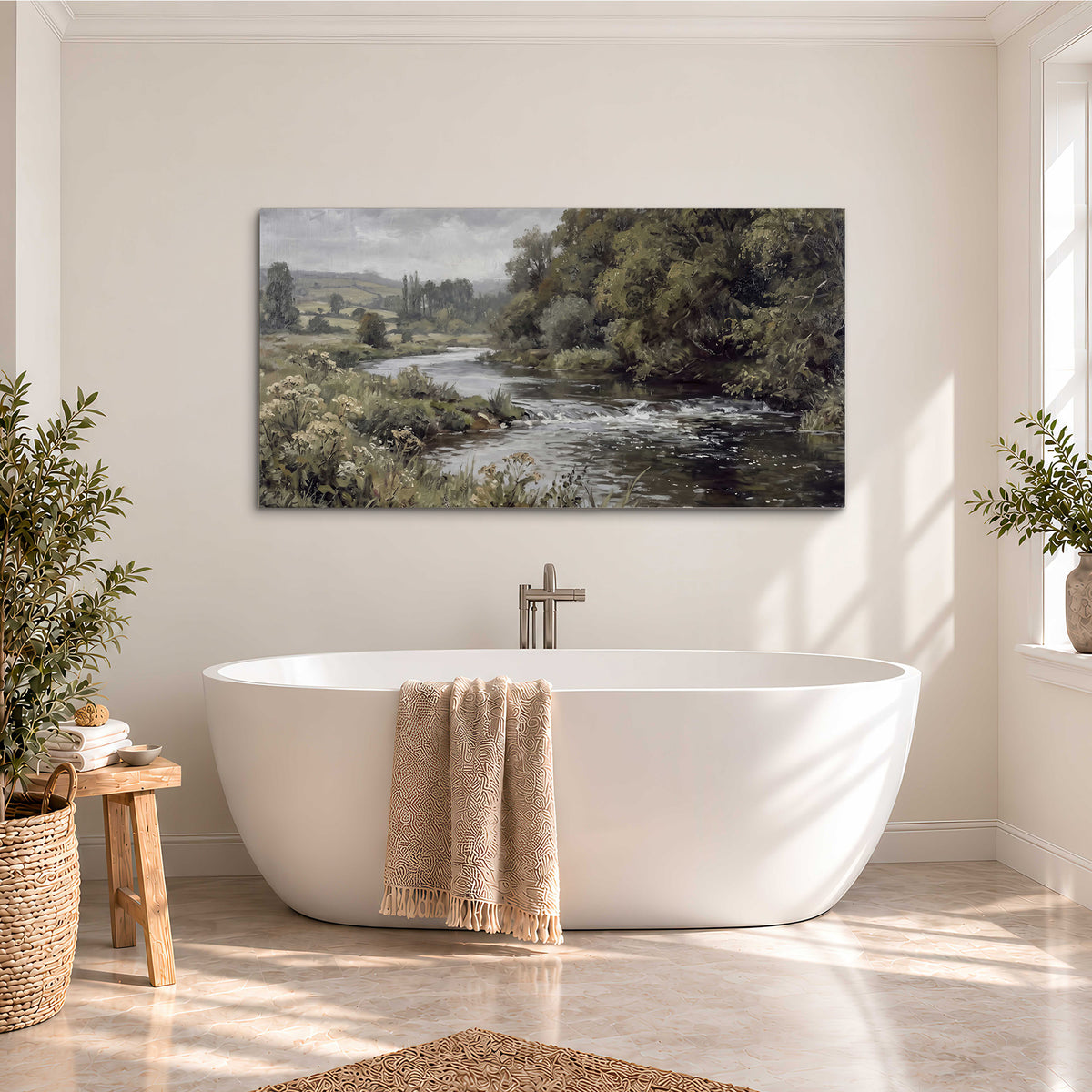 A gently flowing river bordered by olive-green trees and flowers single canvas wall art styled in an interior