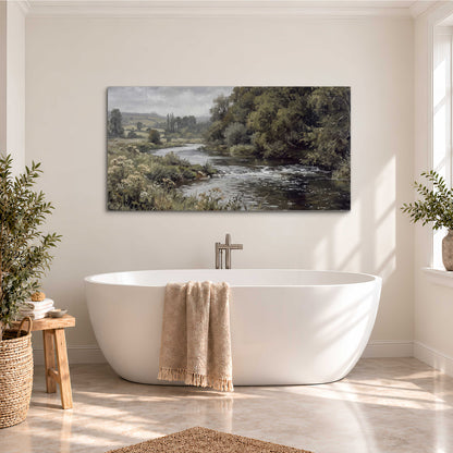 A gently flowing river bordered by olive-green trees and flowers single canvas wall art styled in an interior