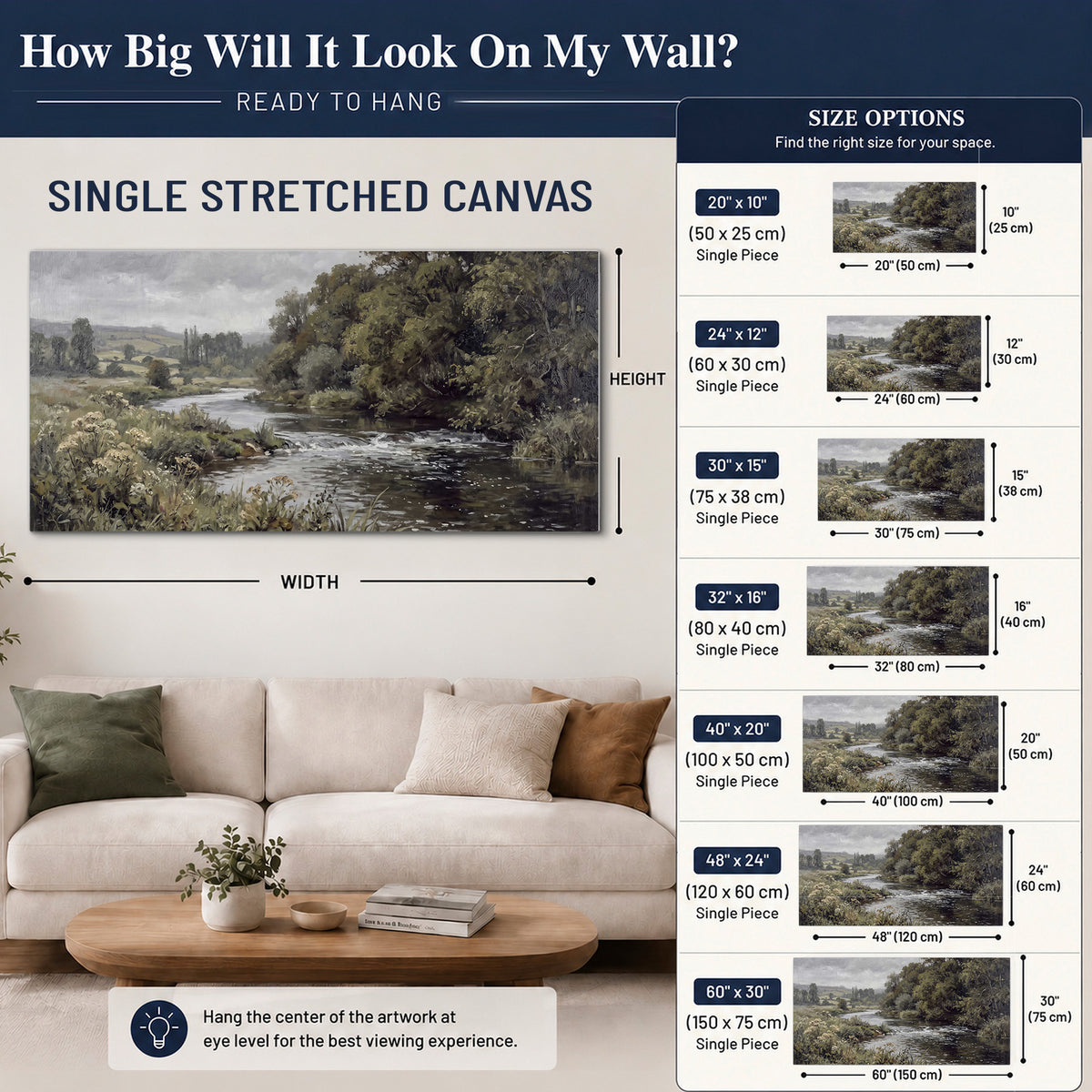 A gently flowing river bordered by olive-green trees and flowers single canvas wall art size guide above a sofa; room view is illustrative