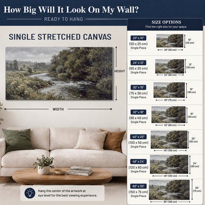 A gently flowing river bordered by olive-green trees and flowers single canvas wall art size guide above a sofa; room view is illustrative