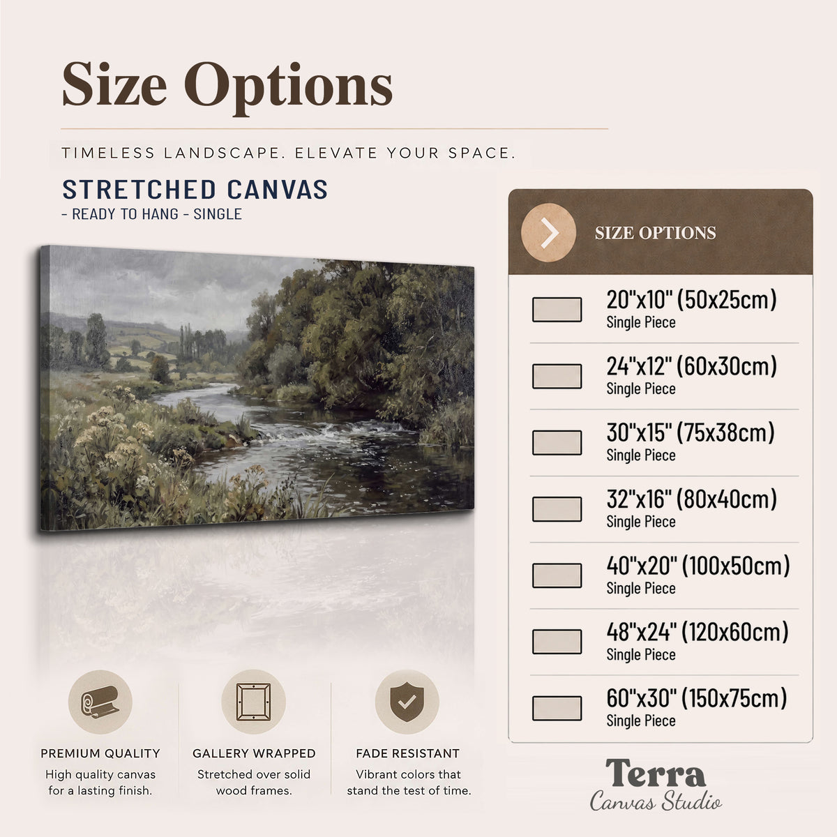 A gently flowing river bordered by olive-green trees and flowers single canvas wall art available dimensions