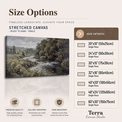 A gently flowing river bordered by olive-green trees and flowers single canvas wall art available dimensions